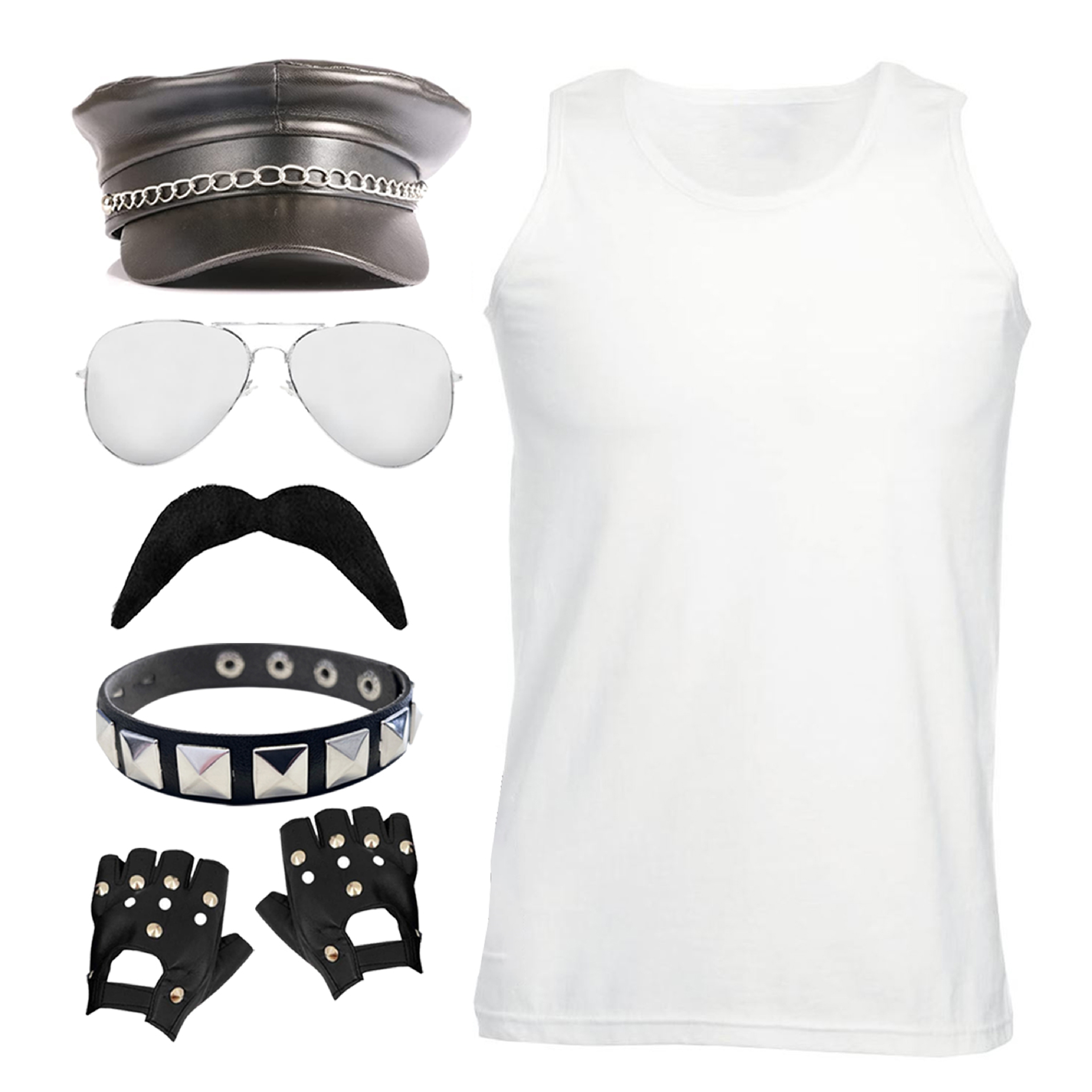 Adults 80's Rock Star Costume Set - Vest, Hat, Glasses, Moustache, Gloves & Studded Armband