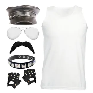 Adults 80's Rock Star Costume Set - Vest, Hat, Glasses, Moustache, Gloves & Studded Armband