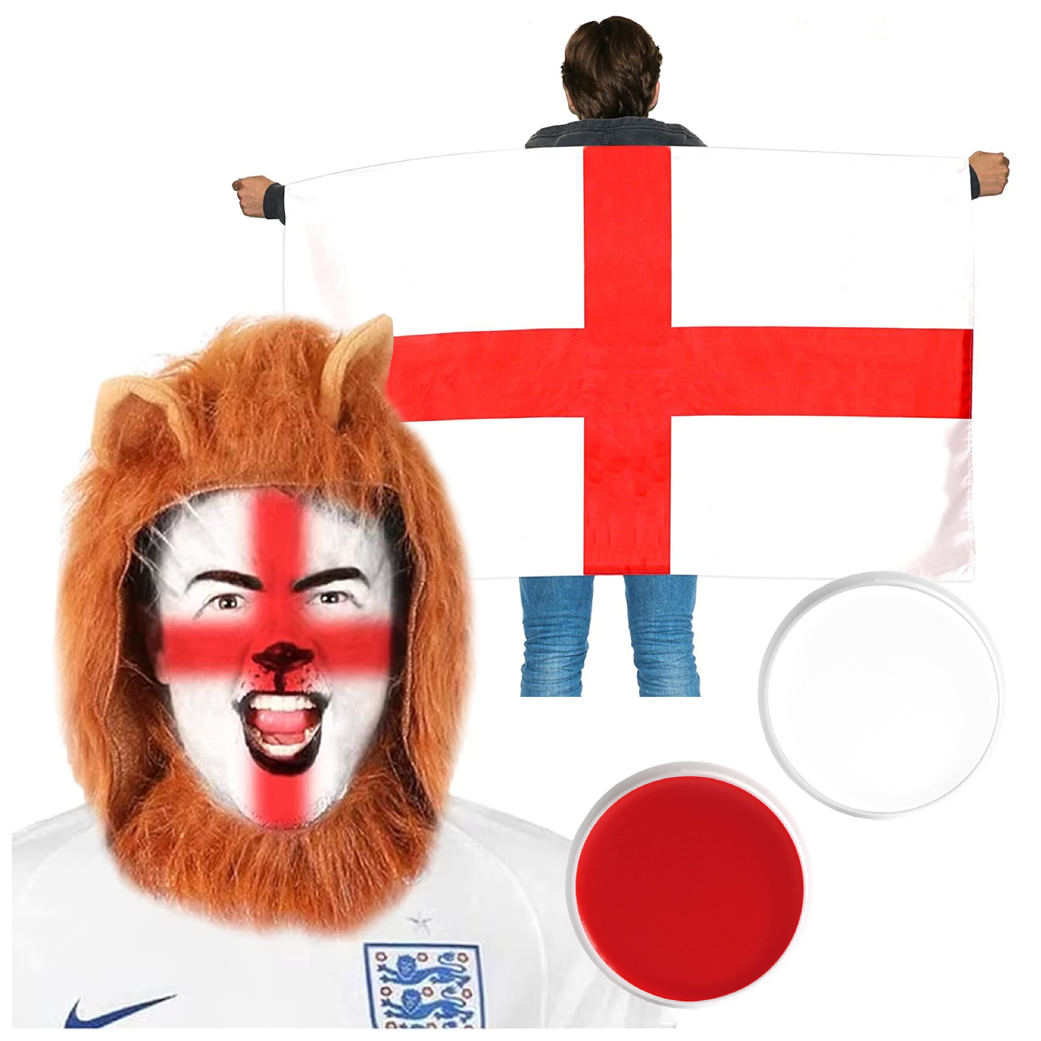 England Supporters Set - Flag Cape, Lion Mane & Face Paint