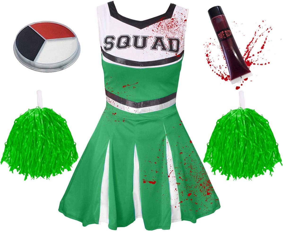 Deluxe Girls Green Zombie Cheerleader Halloween Fancy Dress Costume