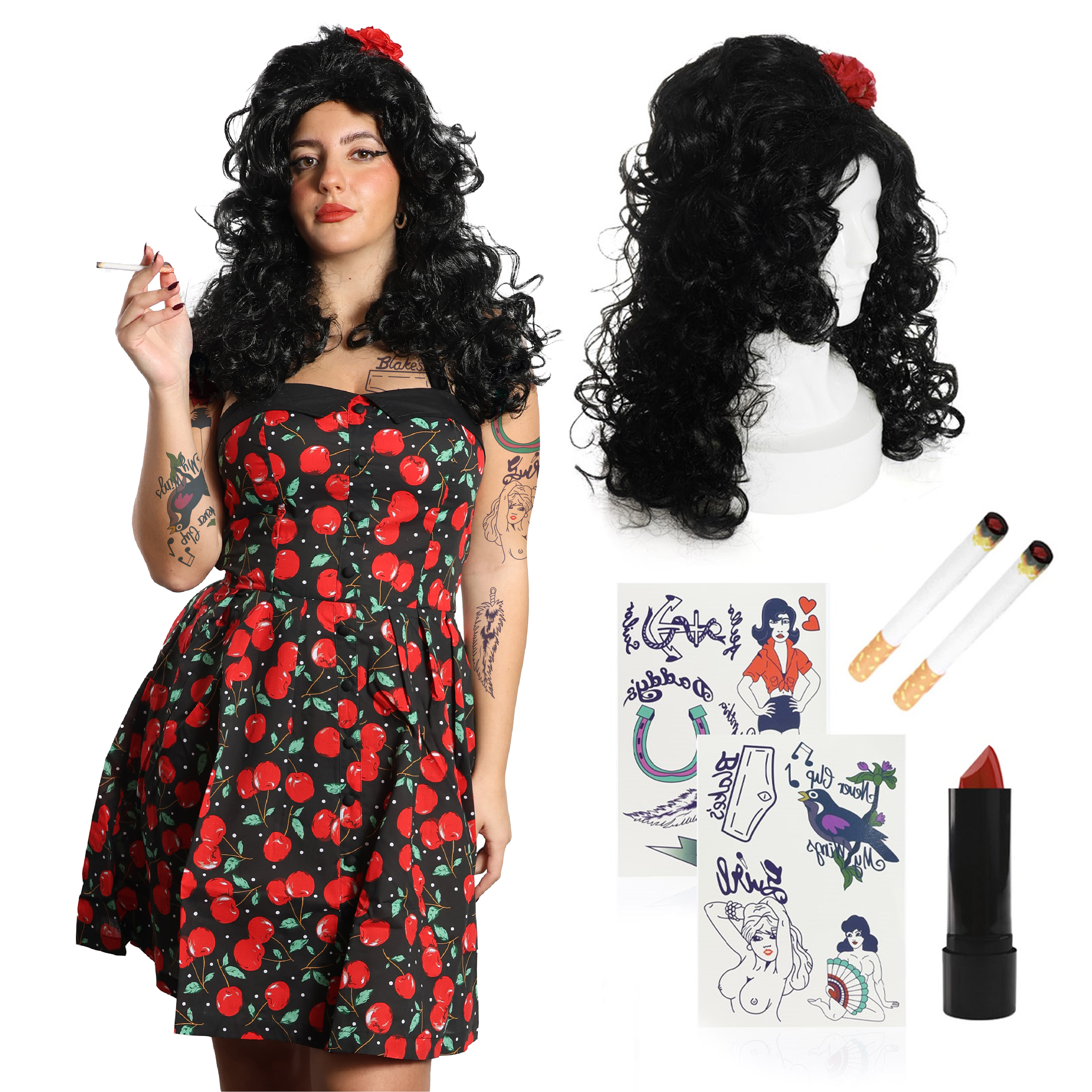 2000's Singer Costume - with Beehive Wig, Lipstick, Fake Cigarettes & Tattoos