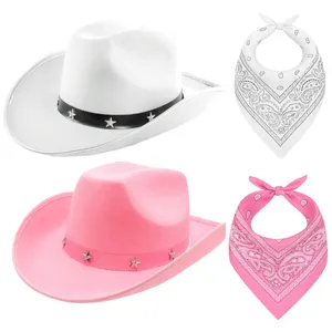 Adults Pink & White Star Studded Cowboy Hats with Pink & White Paisley Bandanas | Western Fancy Dress Accessory Set
