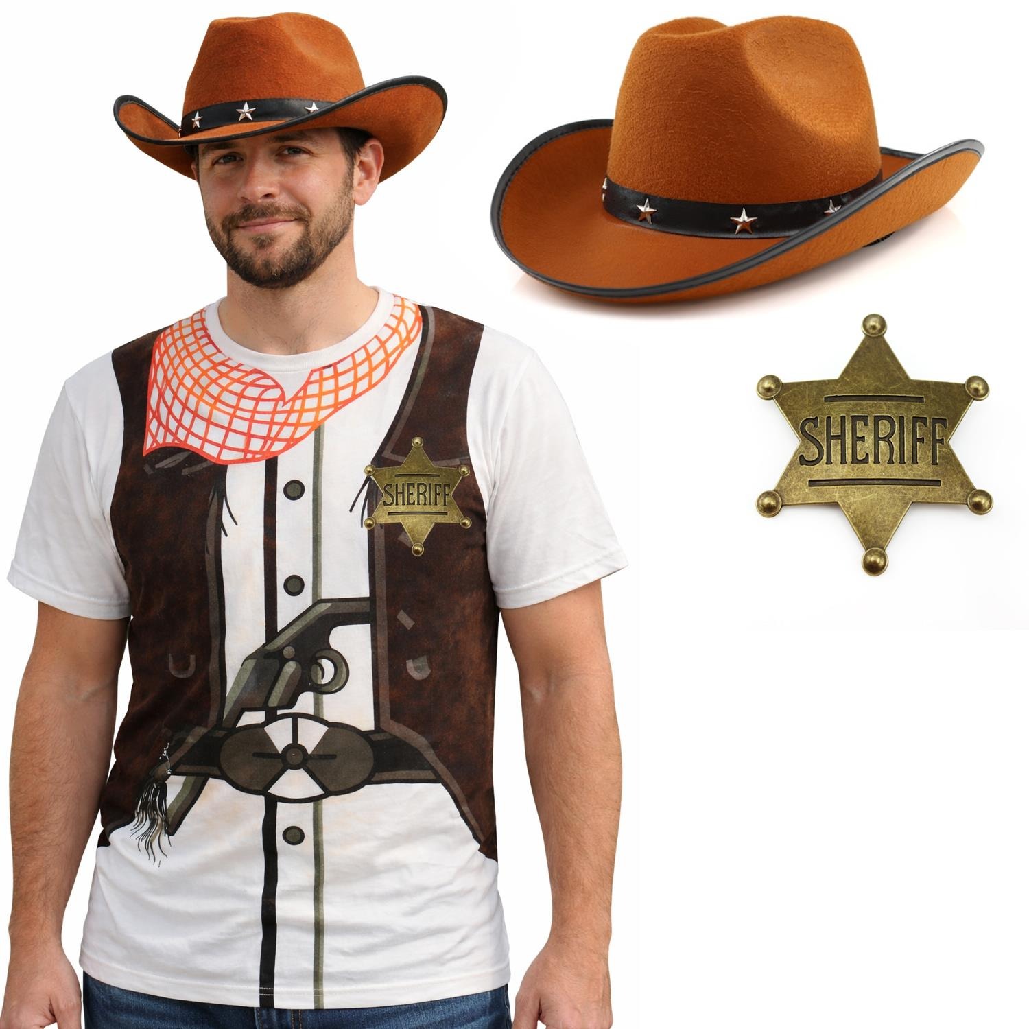Adults Cowboy Costume | 3 Pcs | T-Shirt, Brown Cowboy Hat & Gold Badge