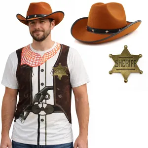 Adults Cowboy Costume | 3 Pcs | T-Shirt, Brown Cowboy Hat & Gold Badge