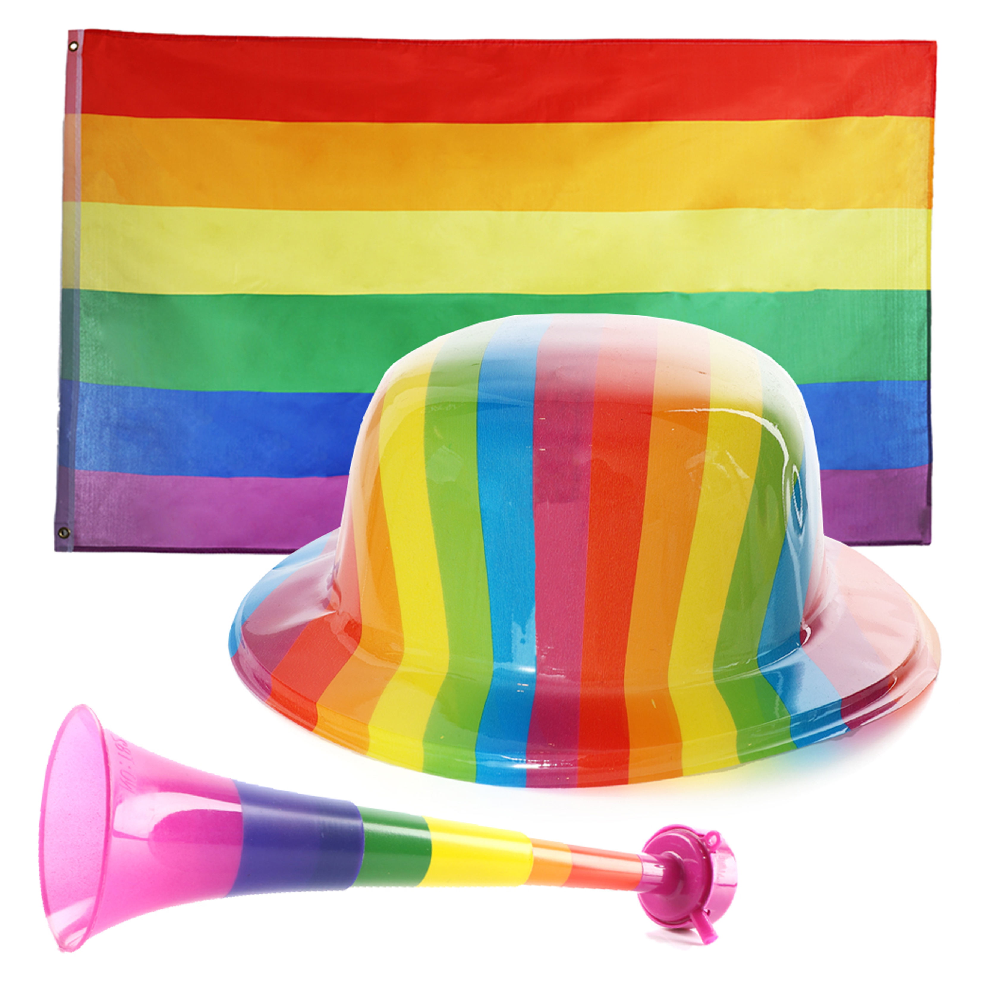 Pride Set - 5ft X 3ft Flag, Plastic Bowler Hat & Vuvuzela
