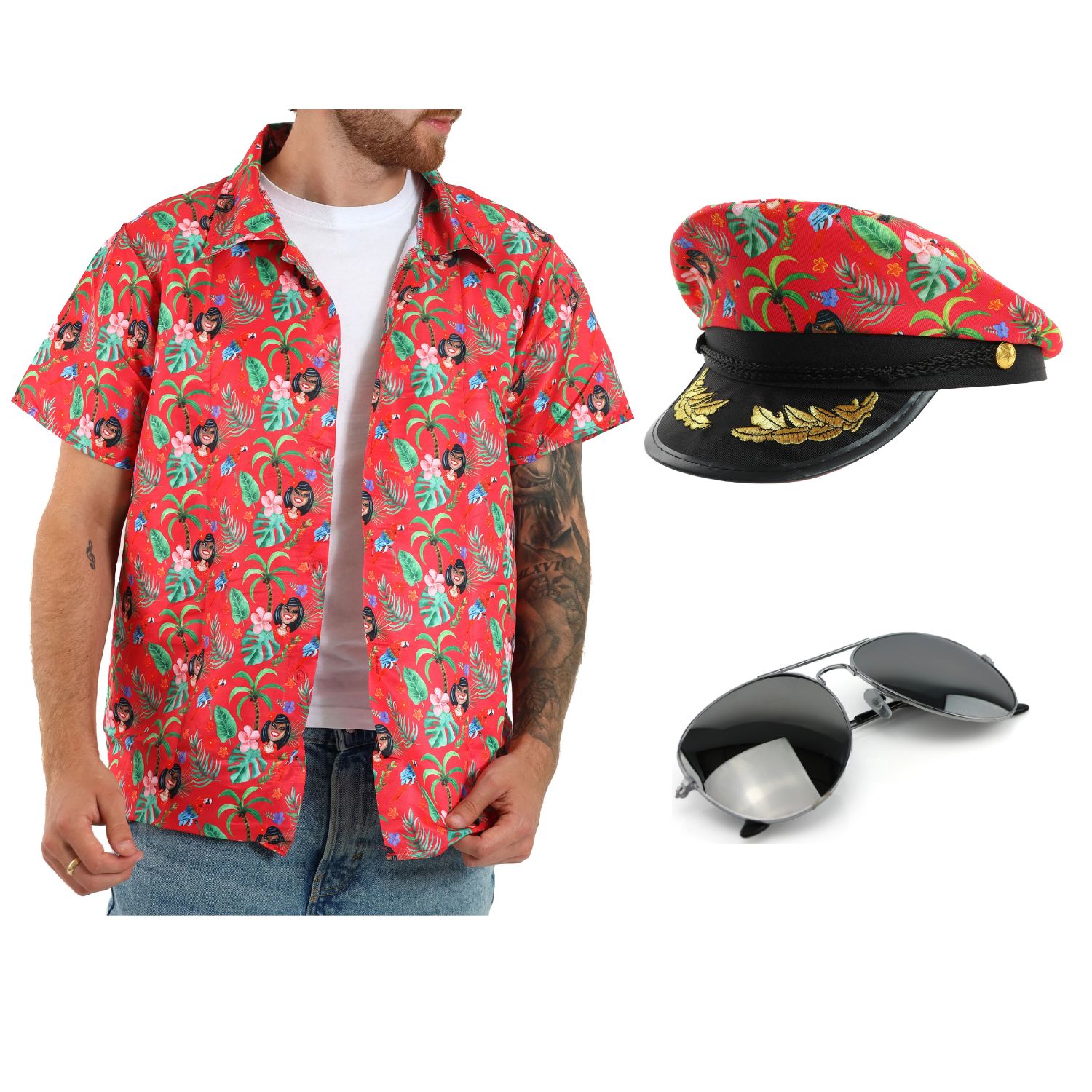 Adults Hawaiian Costume | 3 Pcs | Unisex Red Hawaiian Print Shirt, Sailor Hat & Sunglasses