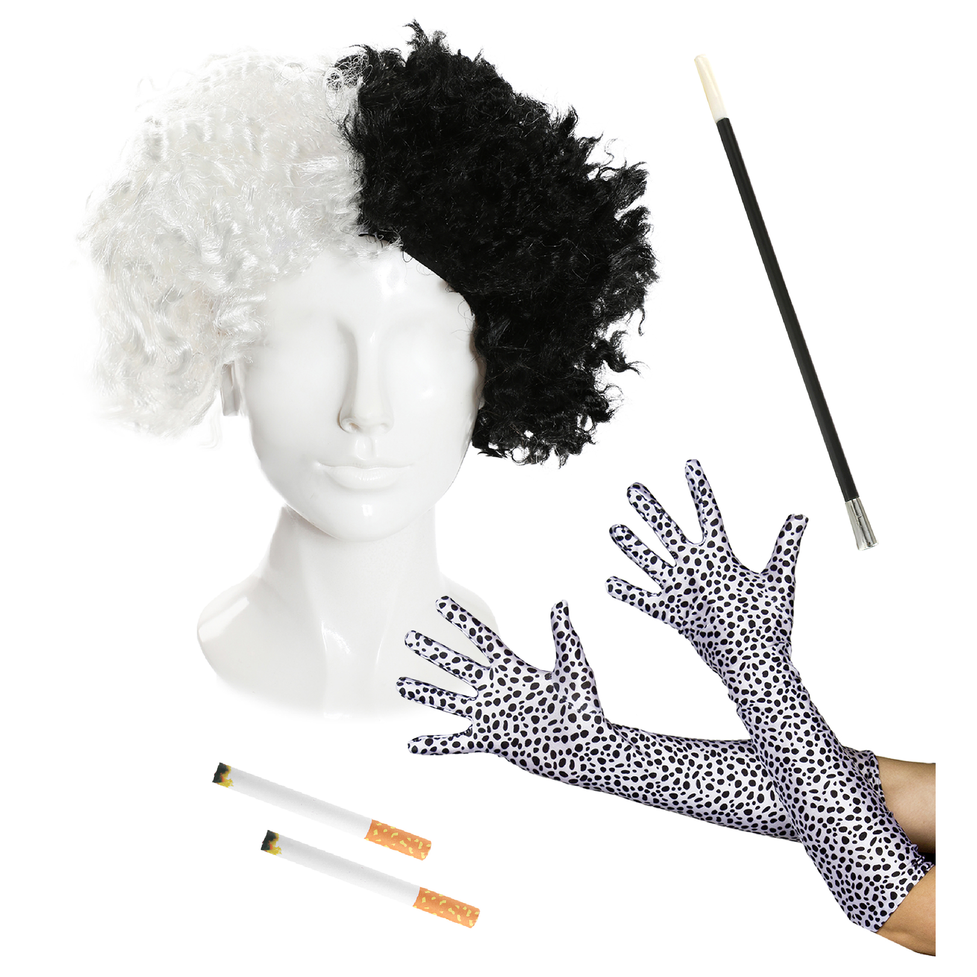 Evil Dog Lady Accessory Set - Crimped Wig, Dalmatian Gloves & Fake Cigarettes