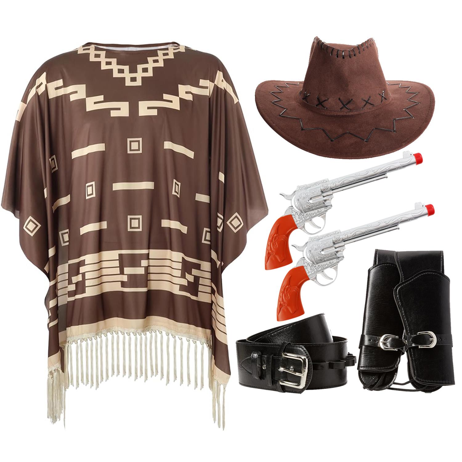 Adults Cowboy Accessory Set | 4 Pcs | Brown Suede Hat, Poncho, Plastic Pistols & Holster