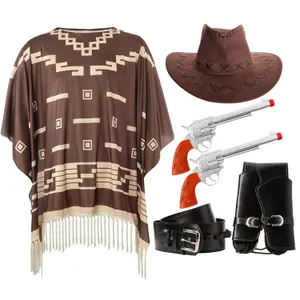 Adults Cowboy Accessory Set | 4 Pcs | Brown Suede Hat, Poncho, Plastic Pistols & Holster