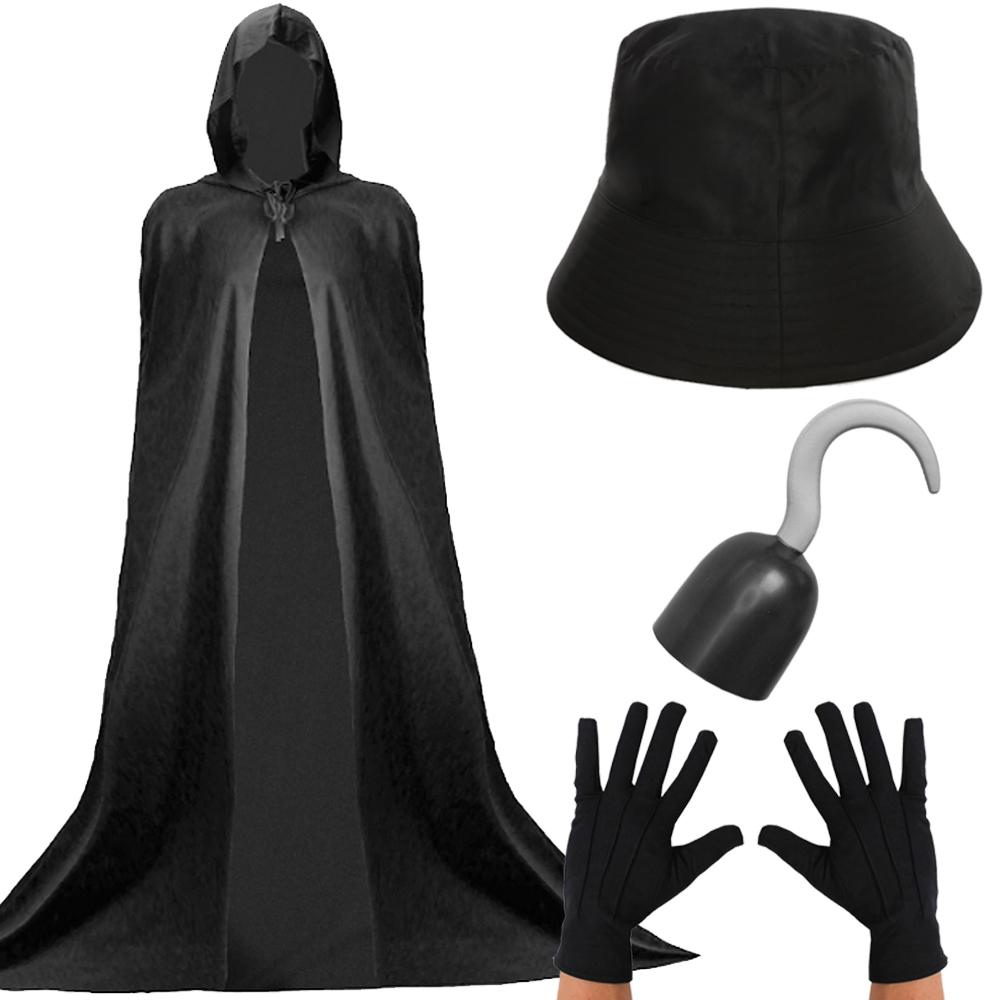 Hook Villain Costume Set | 4 Pcs | Hooded Cape, Bucket Hat, Gloves & Hook