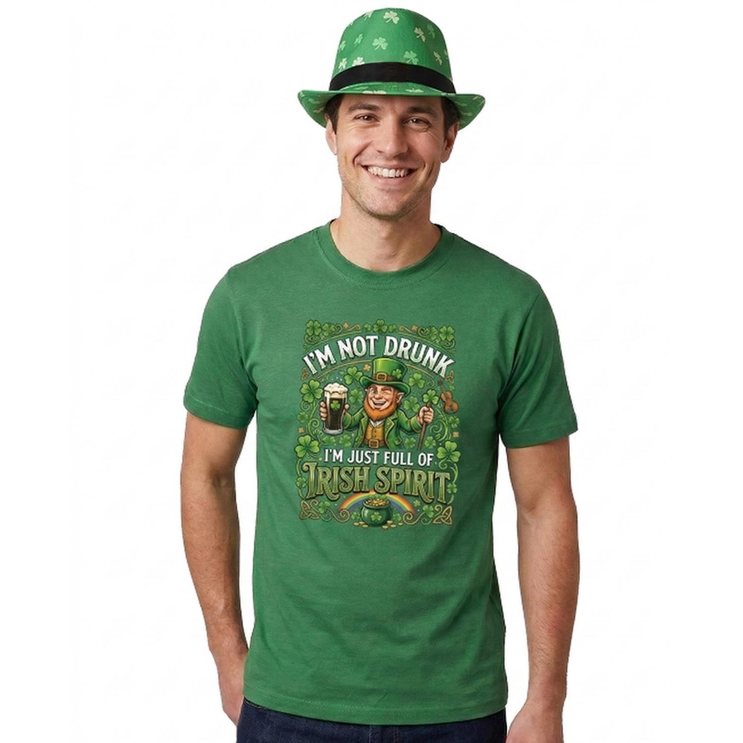 Adults Funny St Patricks Day Costume | Trilby Hat & T-Shirt “I'm not Drunk I'm Just Full of Irish Spirit" | Green Tee with Green Print