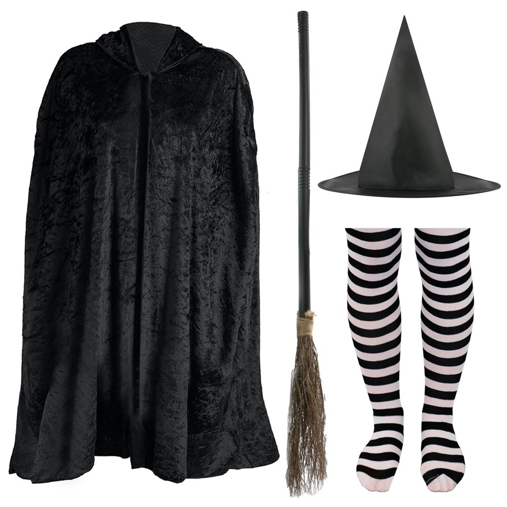 Girls Witch Costume Set - Hat, Cape, Broom & Tights