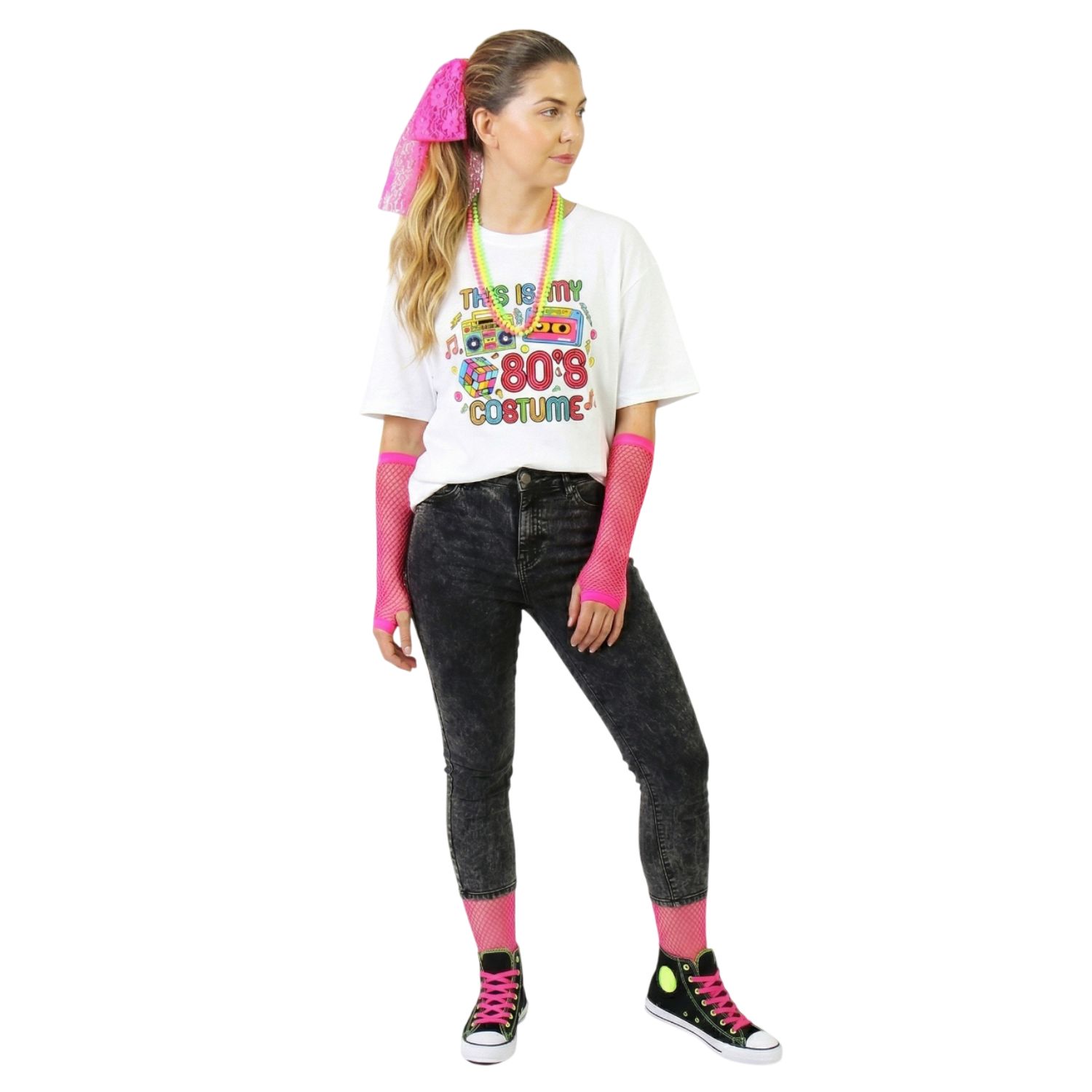 Adults 80’s Costume | 4 Pcs | White T-Shirt, Beaded Necklace, Fishnet Gloves & Pink Hair Lace