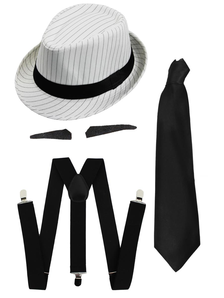 Adults Gangster Fancy Dress Costume 1920s Mob Boss - White Pinstripe Trilby Hat + Tash + Black Tie + Black Braces