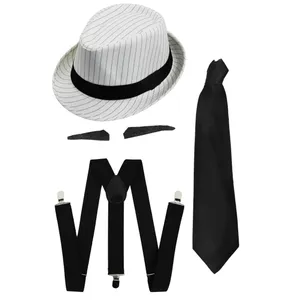 Adults Gangster Fancy Dress Costume 1920s Mob Boss - White Pinstripe Trilby Hat + Tash + Black Tie + Black Braces