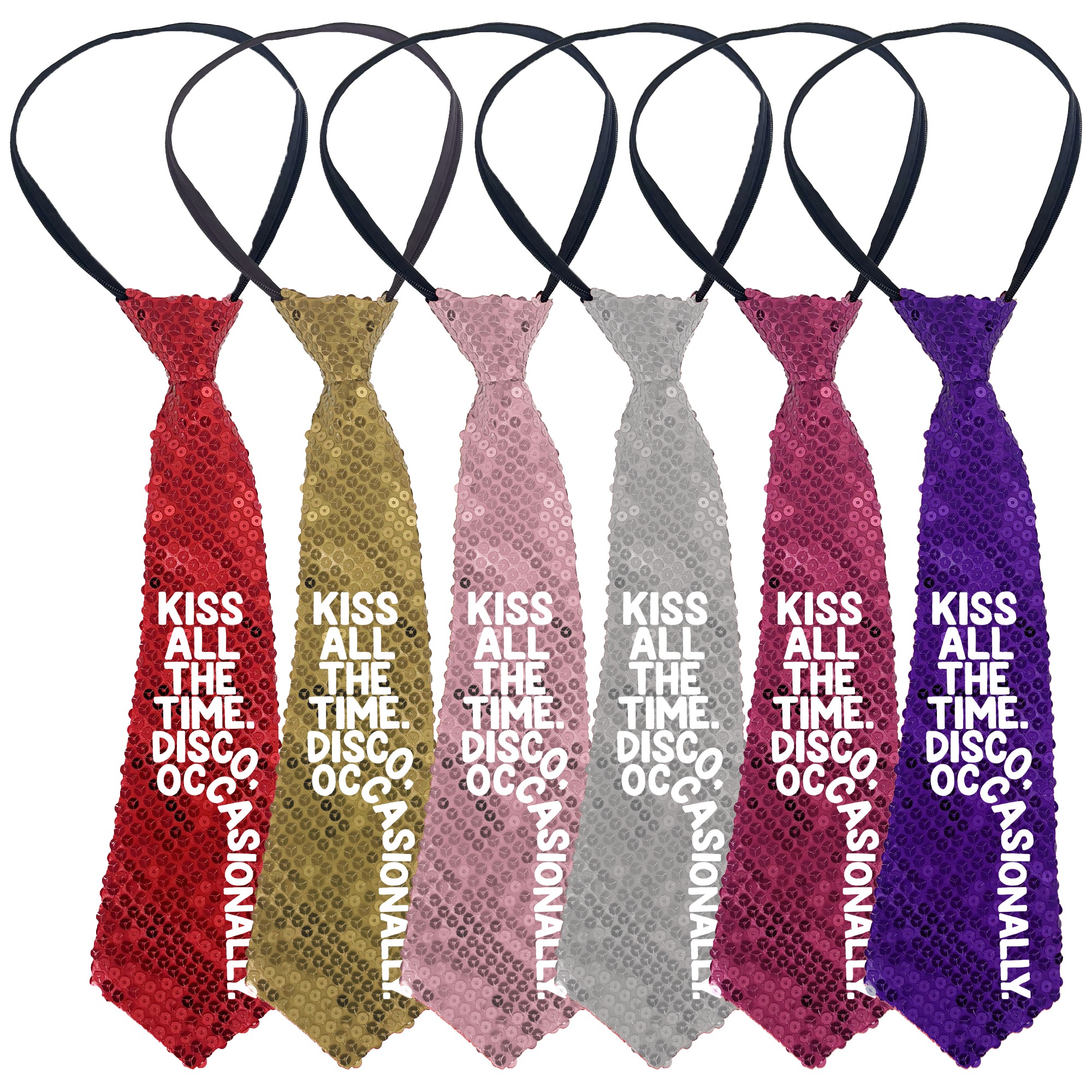 Pop-Inspired Sequin Concert Tie | "KISS ALL THE TIME DISCO OCCASSIONALLY" Warped Text Effect Print