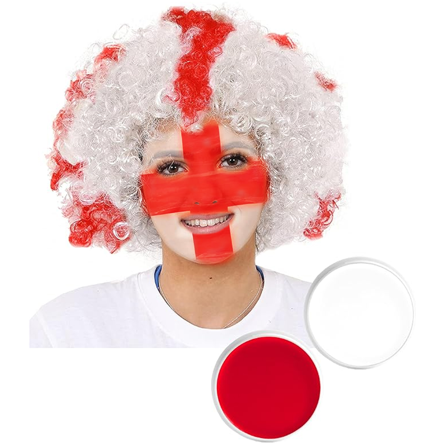 England Supporters Afro Wig & Red and White Face Paint