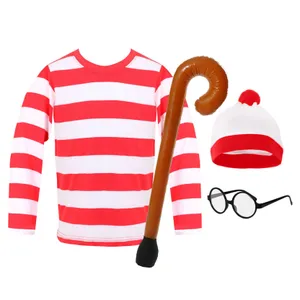 Adults Find Me Costume - Long Sleeve Top, Bobble Hat, Round Glasses & Inflatable Walking Stick