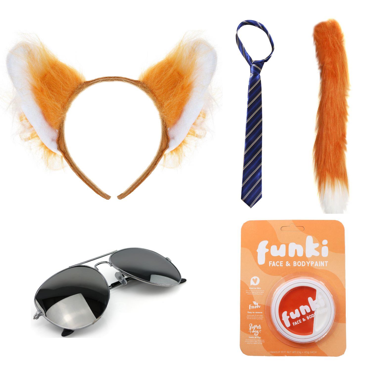 Nick Fox Costume | 5 Pcs | Ears, Tie, Face Paint, Thin Tail & Sunglasses