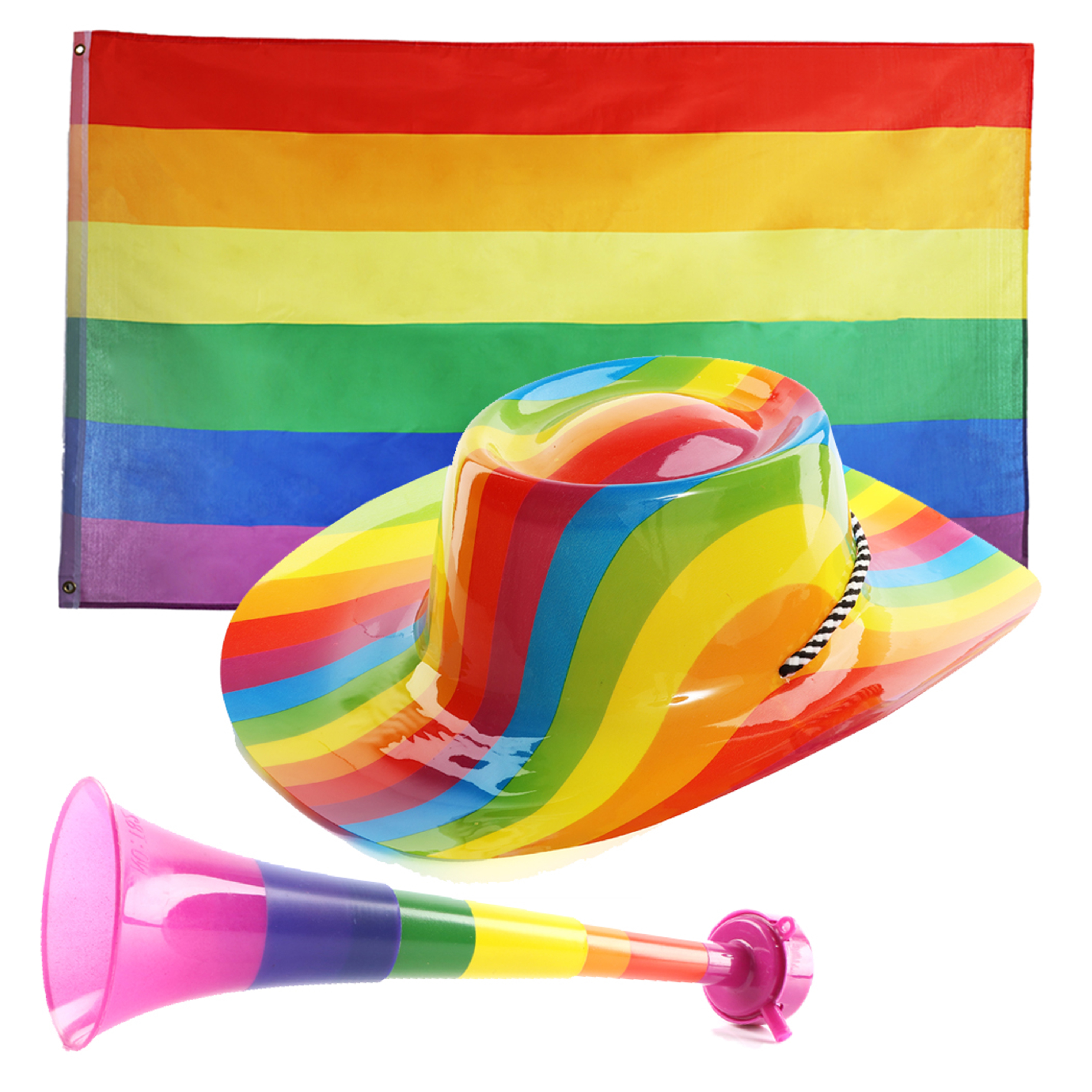 Pride Set - 5ft X 3ft Flag, Plastic Cowboy Hat & Vuvuzela