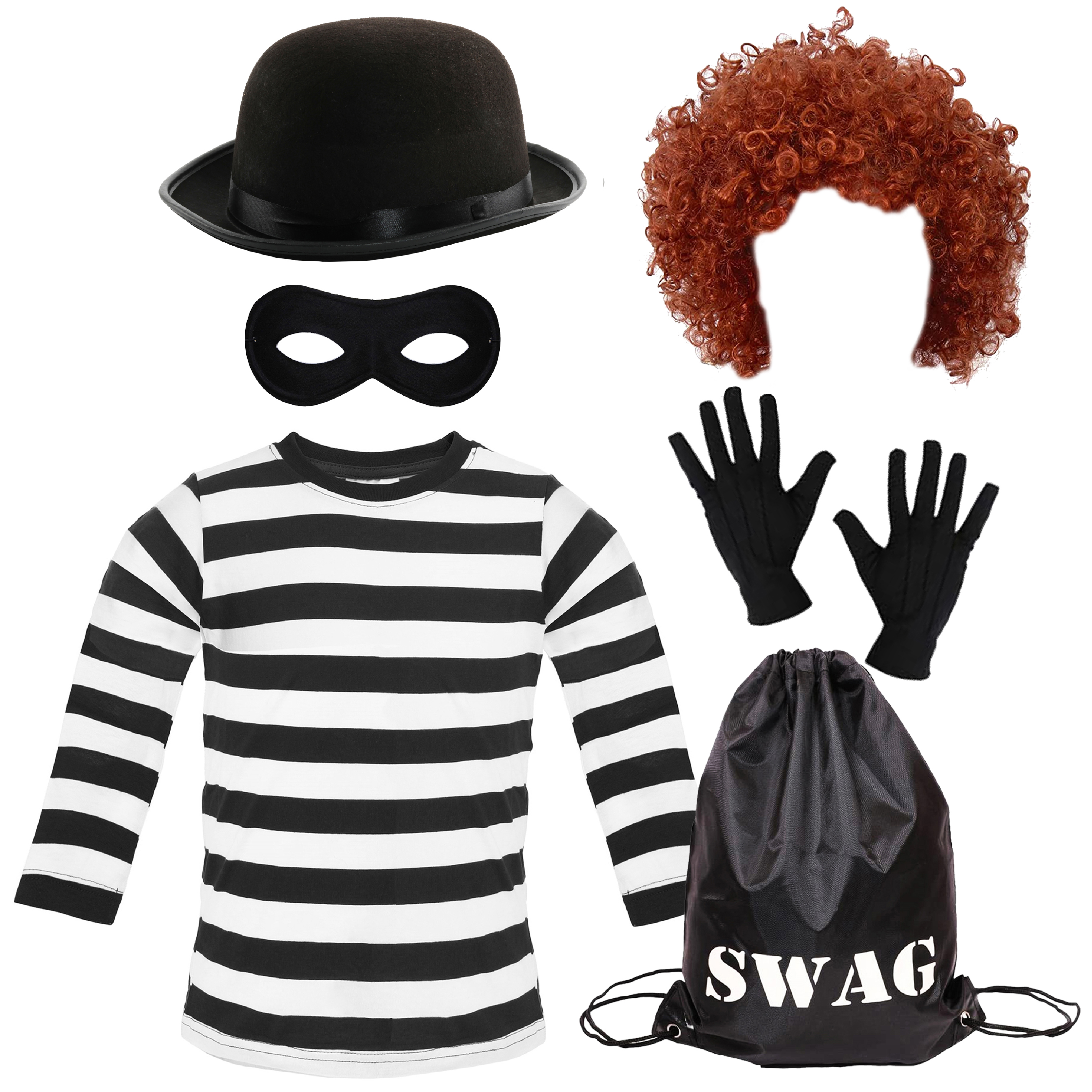 Girls Storybook Burglar Costume - Long Sleeve Top, Mask, Bowler Hat, Wig, Gloves & Swag Bag