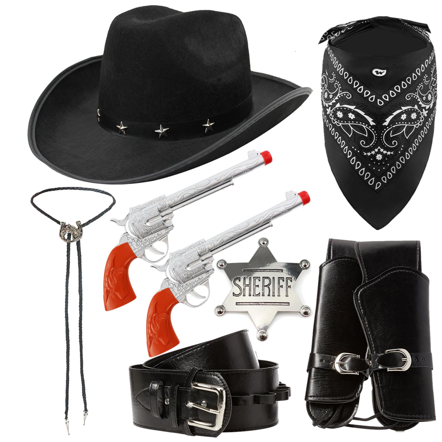 Adults Cowboy Accessory Set | 6 Pcs | Black Studded Hat, Plastic Pistols, Bandana, Holster, Badge & Bootlace Tie