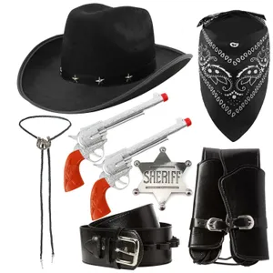 Adults Cowboy Accessory Set | 6 Pcs | Black Studded Hat, Plastic Pistols, Bandana, Holster, Badge & Bootlace Tie