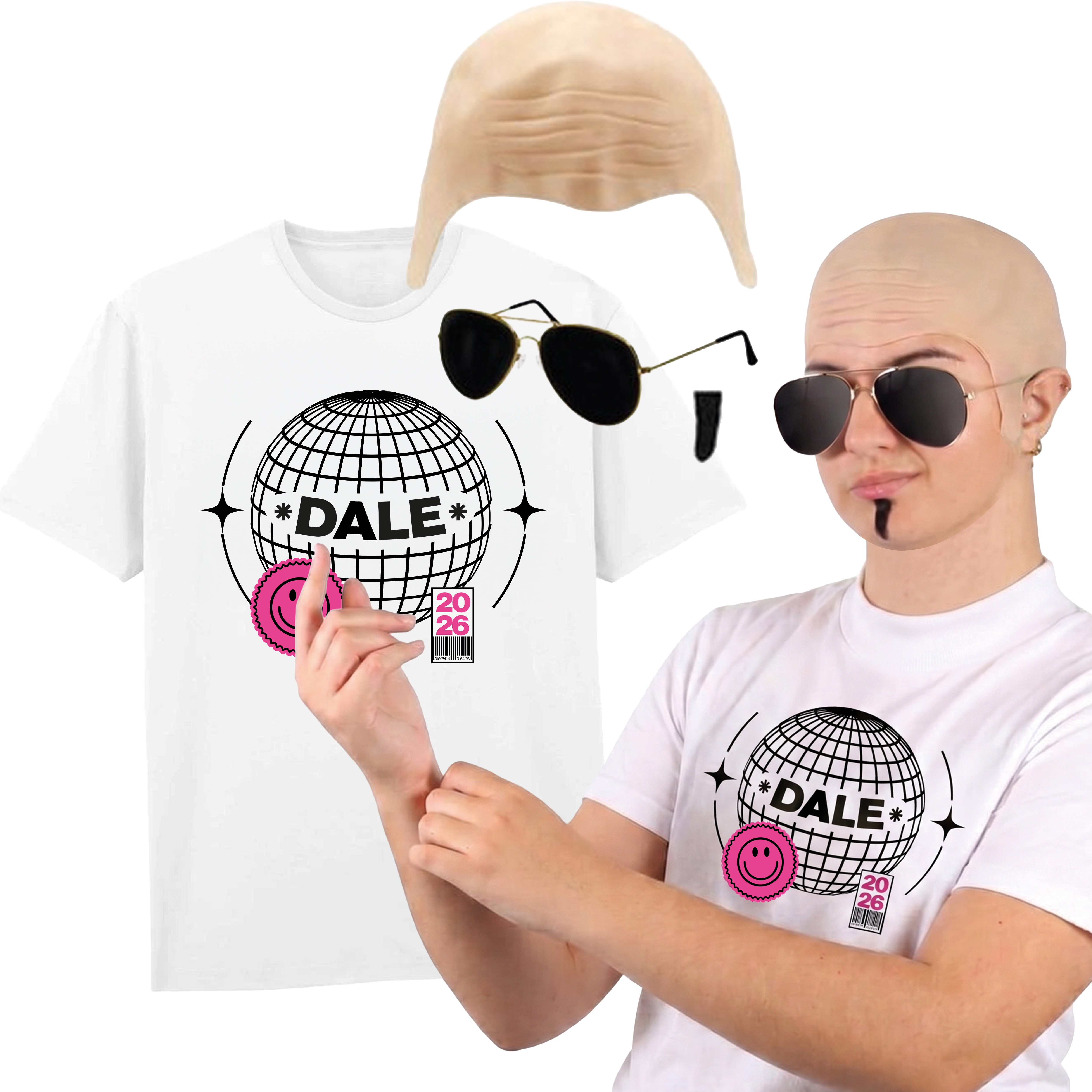 Adults Mr Worldwide Costume | 4 Pcs | 'Dale' T-shirt, Bald Cap, Sunglasses & Soul Patch