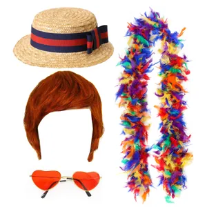 Elton John 4 Piece Deluxe Straw Boater, Ginger Wig, Rainbow Boa and Red Heart Glasses Costume Set