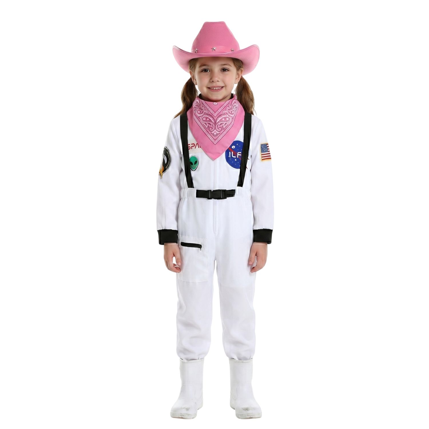 Kids Space Cowgirl Costume | 3 Pcs | Space Suit, Brown Star Studded Hat & Red Paisley Bandana