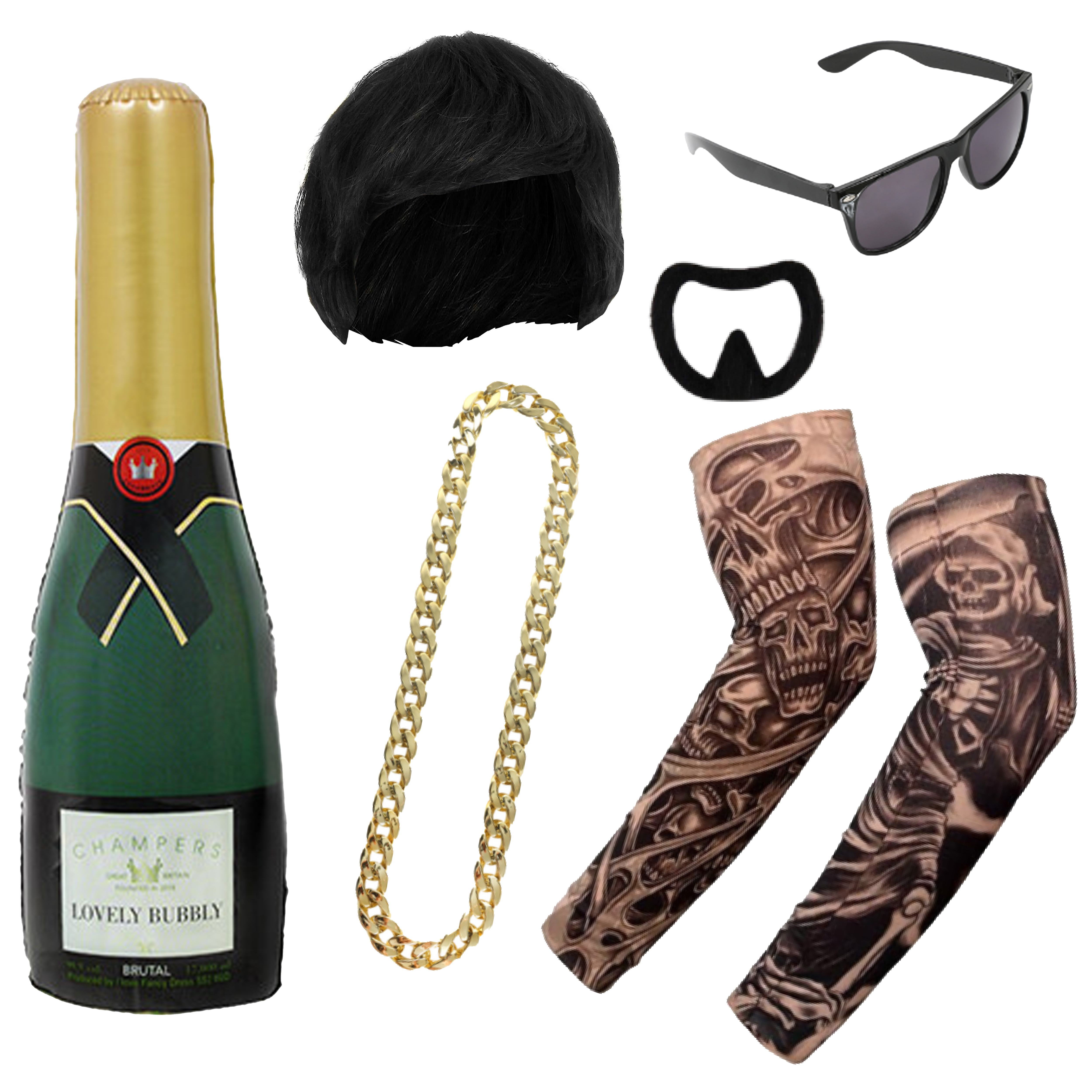 Ibiza Final Boss Costume Accessory Set | 6 Pcs | Wig, Chain, Black Sunglasses, Goatee, Tattoo Sleeves & Inflatable 73cm Champagne Bottle