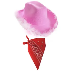 Lilac Pink Cowboy Hat with Marabou Trim & Paisley Red Bandanna