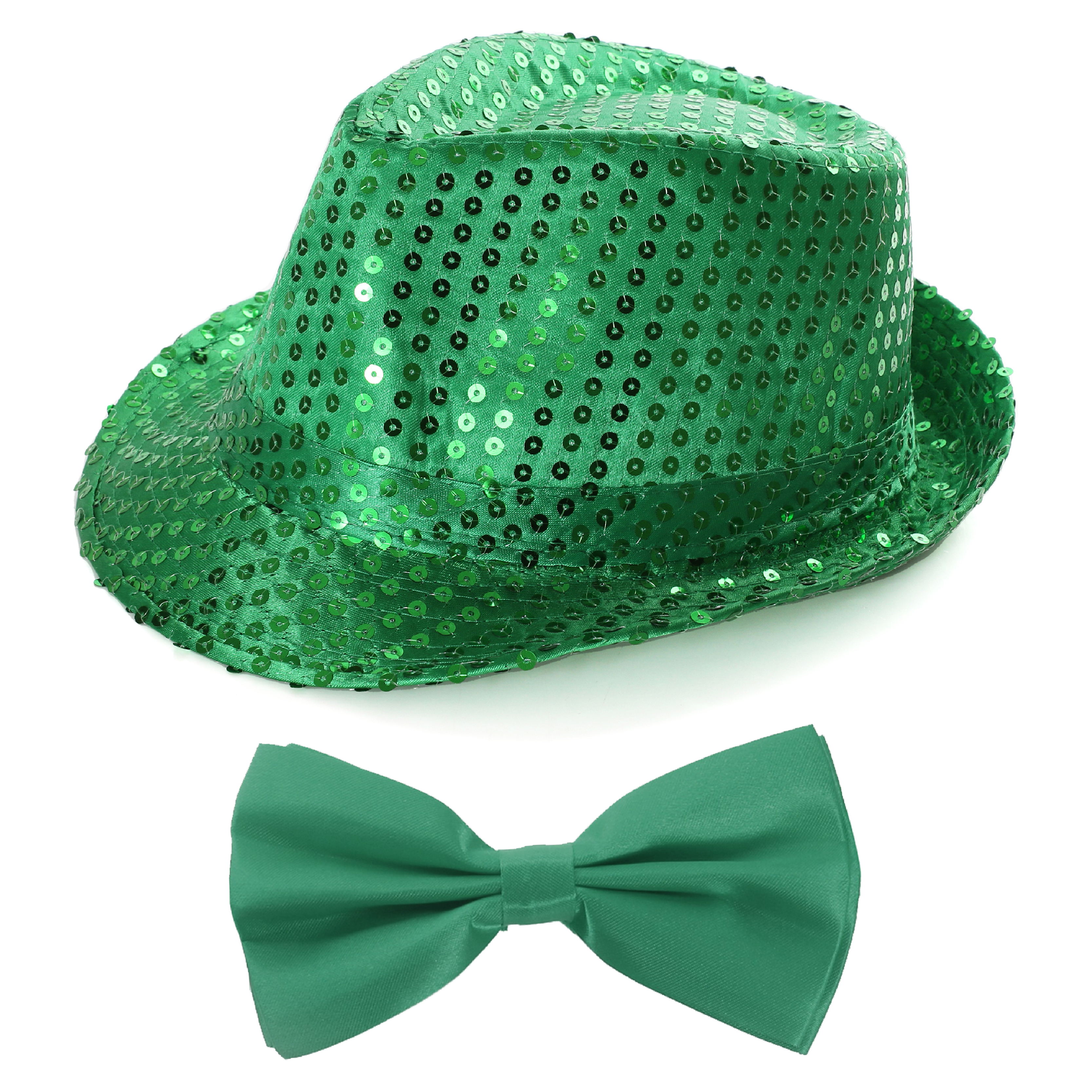 Green Sequin Trilby Hat & Satin Bow Tie