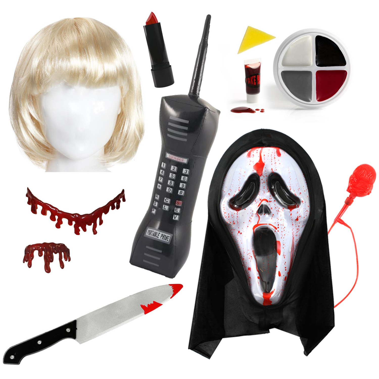 Serial Killer & Casey Accessory Set | 7 Pcs | Blood Pump Mask, Wig, Phone, Knife Prop, Lipstick, Blood Necklace & Face Paint