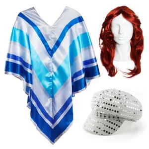 Adults 70's Poncho Costume | 3 Pcs | Poncho, Silver Sequin Hat & Auburn Flick Wig