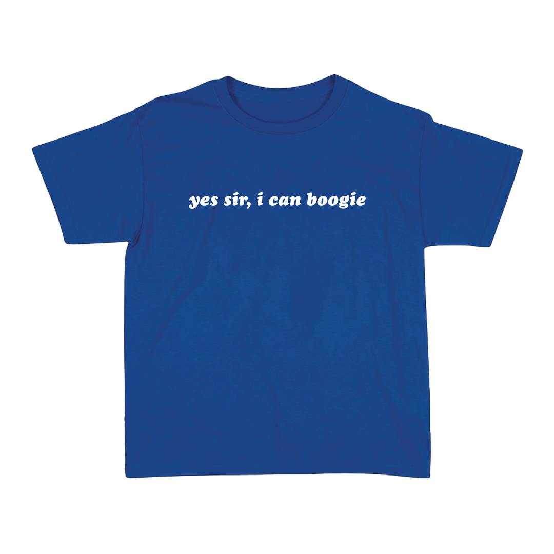 Ladies Scotland Football Supporter Baby Tee | Royal Blue Fitted T-shirt with "yes sir, I can boogie" Print