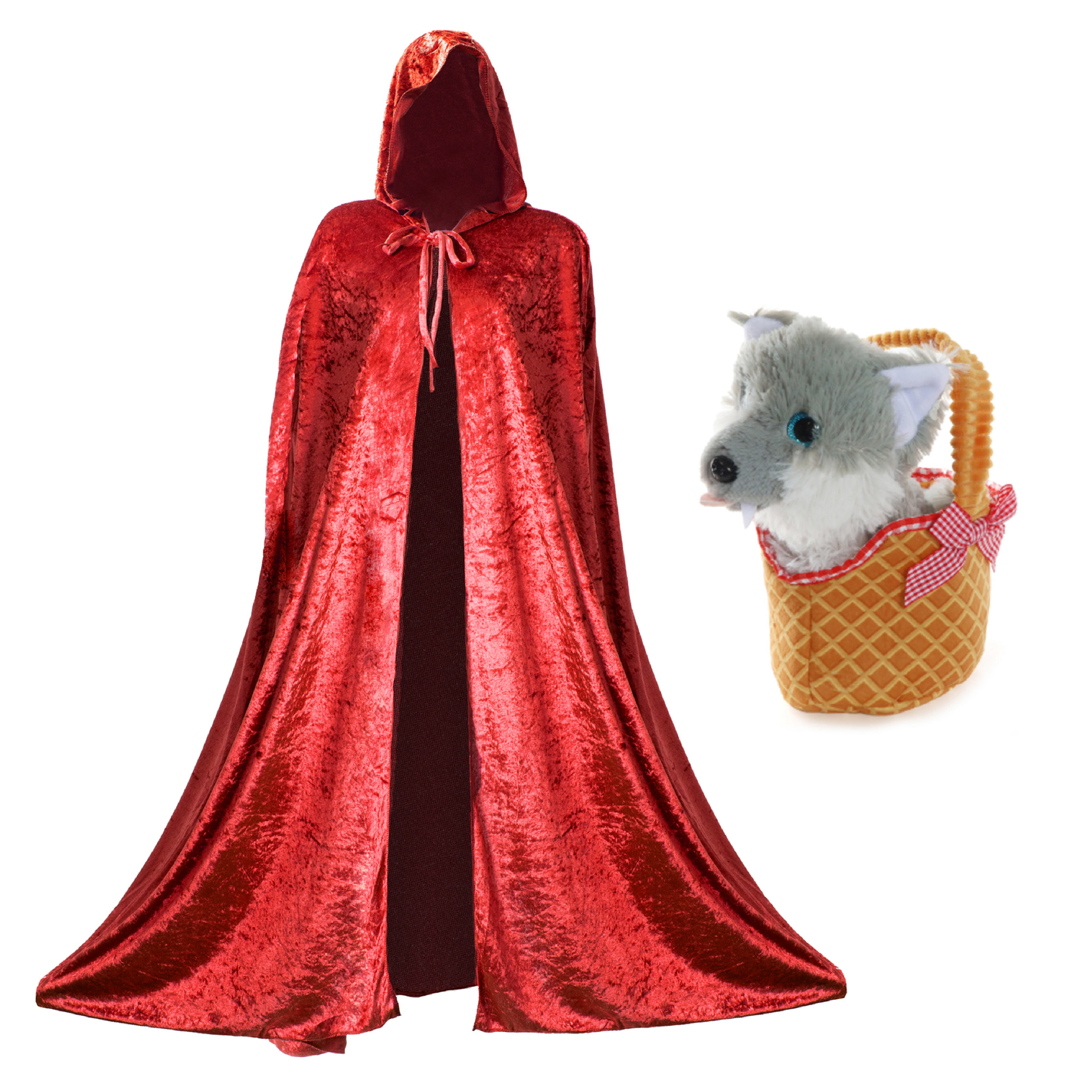 Ladies Red Riding Hood Set - Hooded Cape & Soft Basket with Wolf