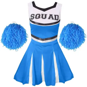 Girls Blue Cheerleader Costume with Pom Poms