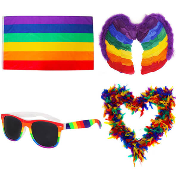 Rainbow Pride Set – 5ft x 3ft Flag, Feather Boa, Sunglasses & Angel Wings