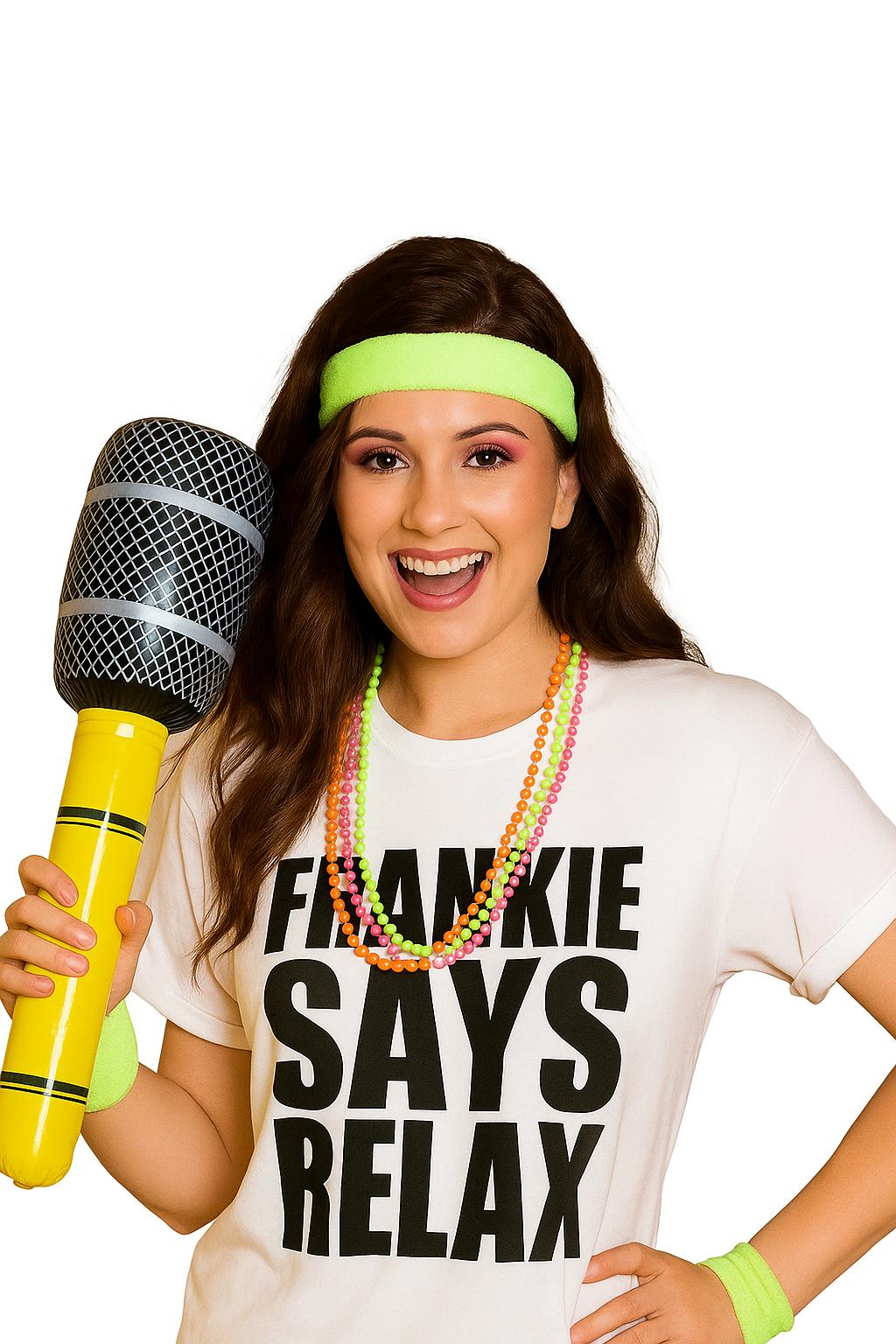 Ladies 1980's Pop Star Costume – "Frankie Says Relax" Bold Slogan Tee, Neon Beads & Inflatable Mic
