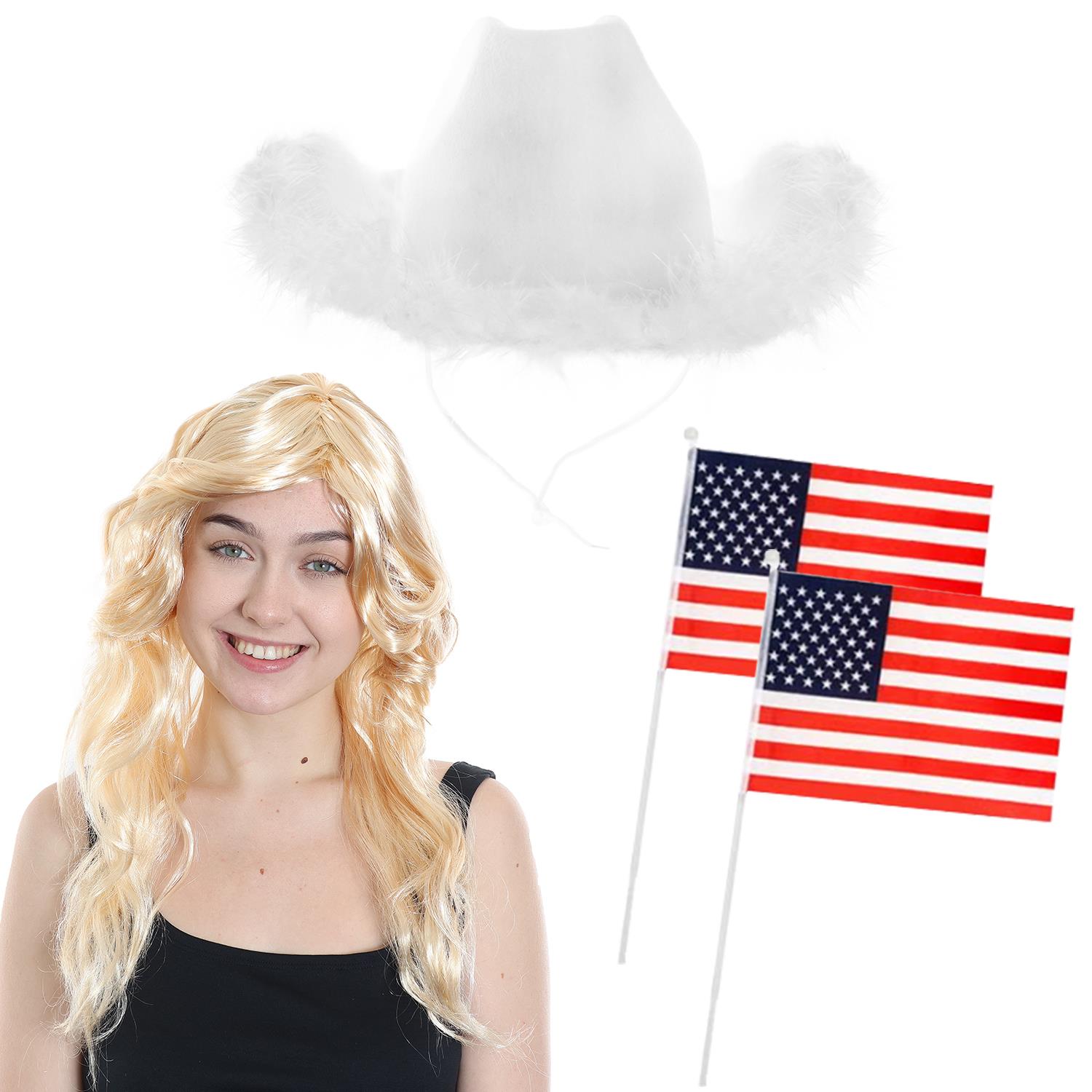 Western Cowboy Accessory Set - White Marabou Trim Hat, 2 American Hand Waving Flags & Blonde Wig