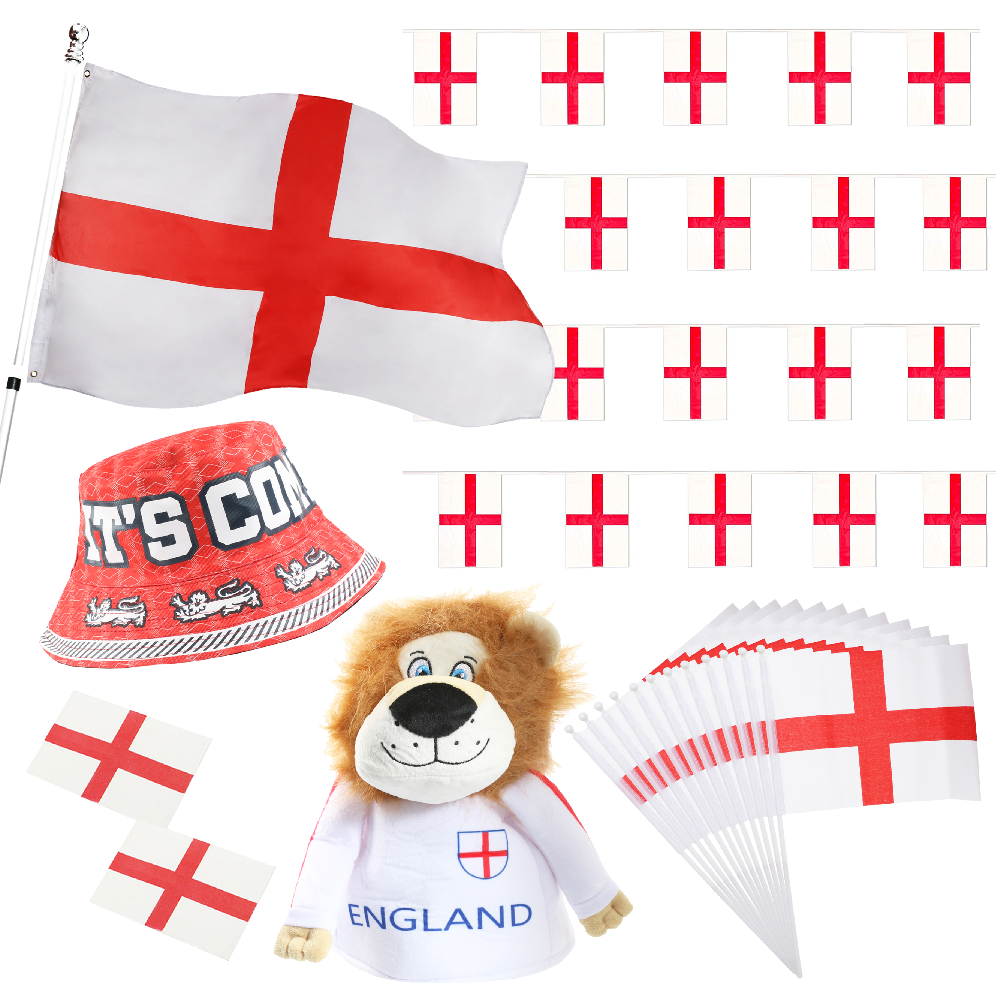 England Supporters Set -Flag, Bunting, Bucket Hat, Tattoo, Lion Hat & Waving Flag