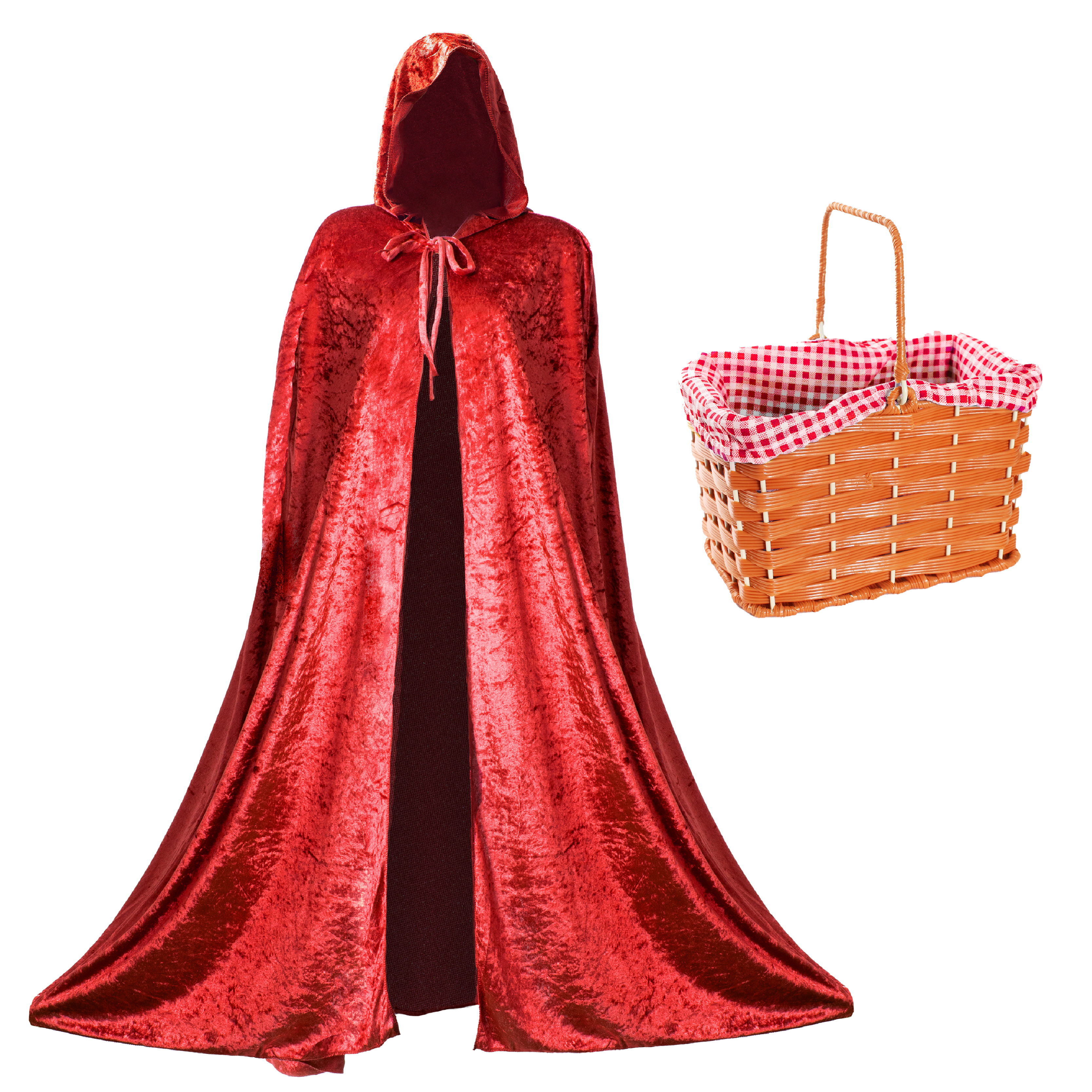 Adults Red Velour Cape and Red Gingham Basket
