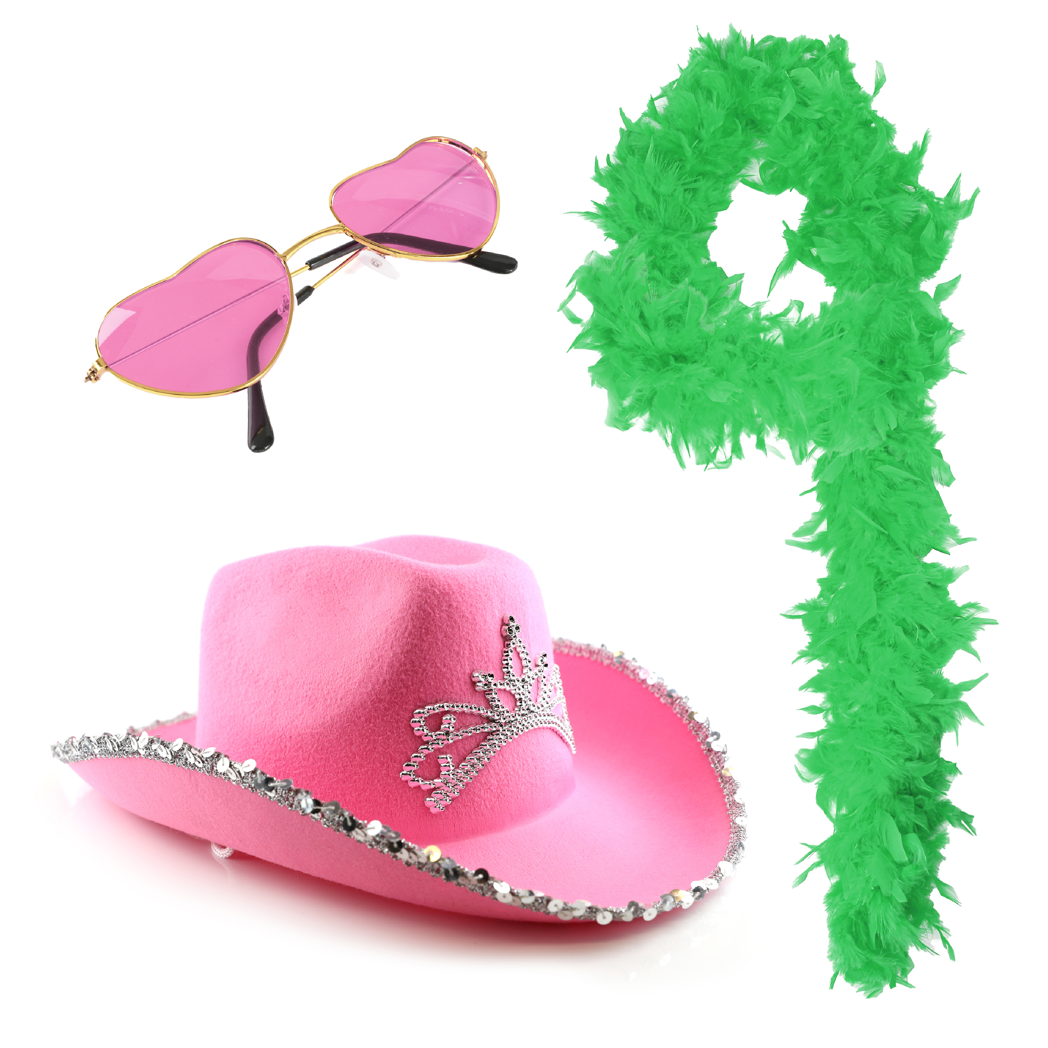 Tiara Cowboy Hat, Green Boa & Pink Heart Glasses