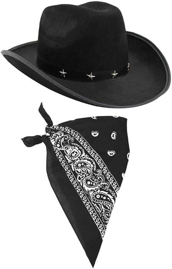 Black Star Studded Cowboy Hat & Paisley Black Bandana