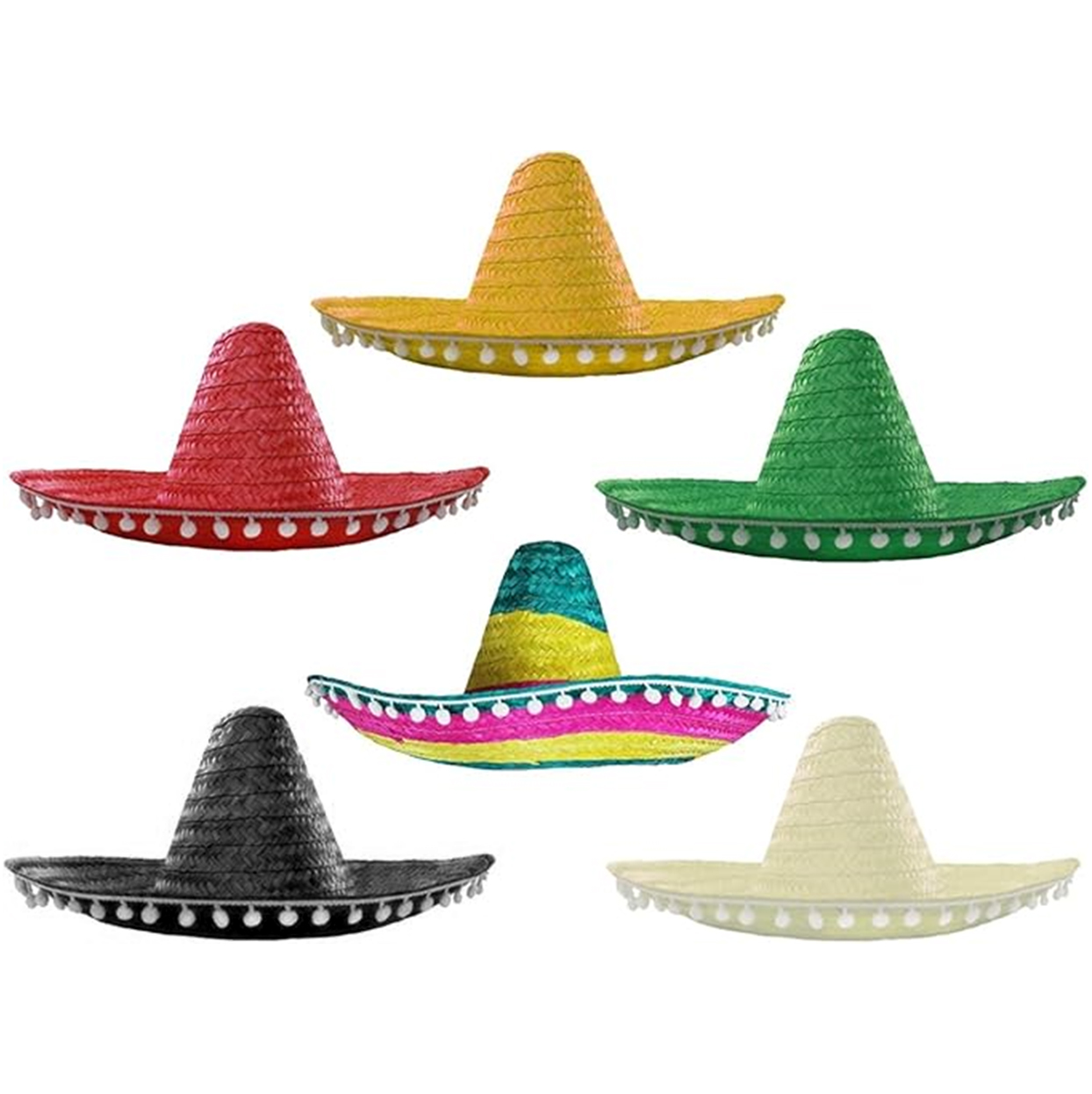 Pack of 6 Mexican Sombrero with Pom Pom Edging