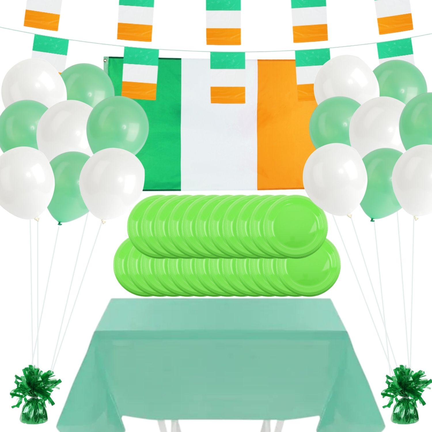 St Patricks Day Partyware Bundle | 132 Pcs | Balloons, Ribbon, Table Cloth, Flag, Bunting, Balloon Weights & Plates