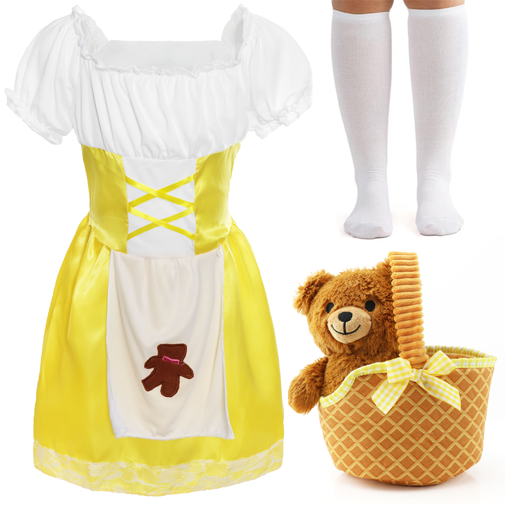 Childs Goldilocks Costume | 4 Pcs | Dress, Socks, Soft Basket & Bear