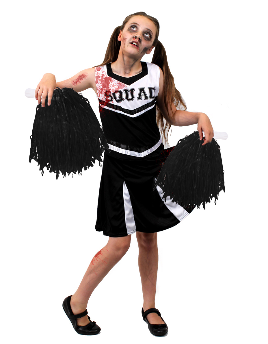 Girls Black Zombie Cheerleader Halloween Fancy Dress Costume with Pom Poms