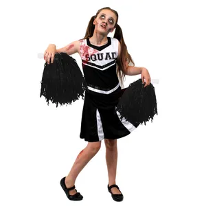 Girls Black Zombie Cheerleader Halloween Fancy Dress Costume with Pom Poms